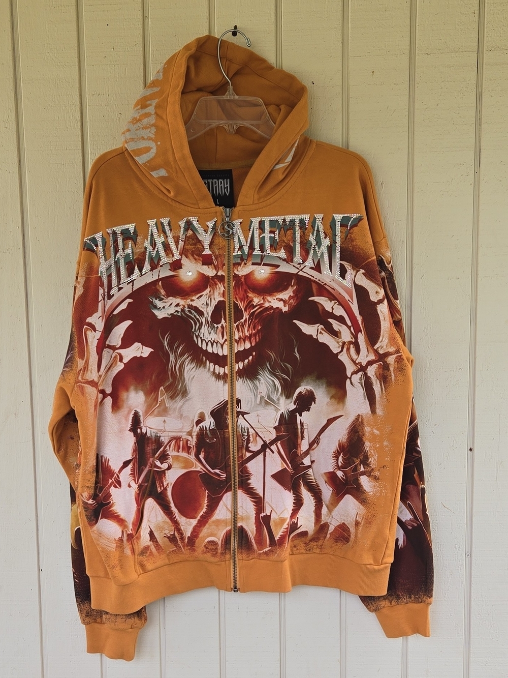Stray Industries Heavy Metal Rock Rhinestone Full Zip Hoodie Large